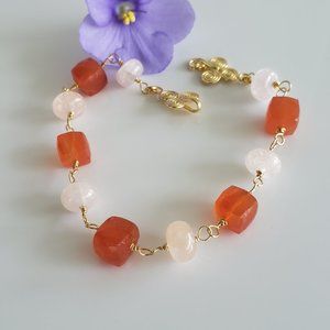Handmade 🌿 Genuine Carnelian and Morganite Bracelet, 925 Sterling Silver